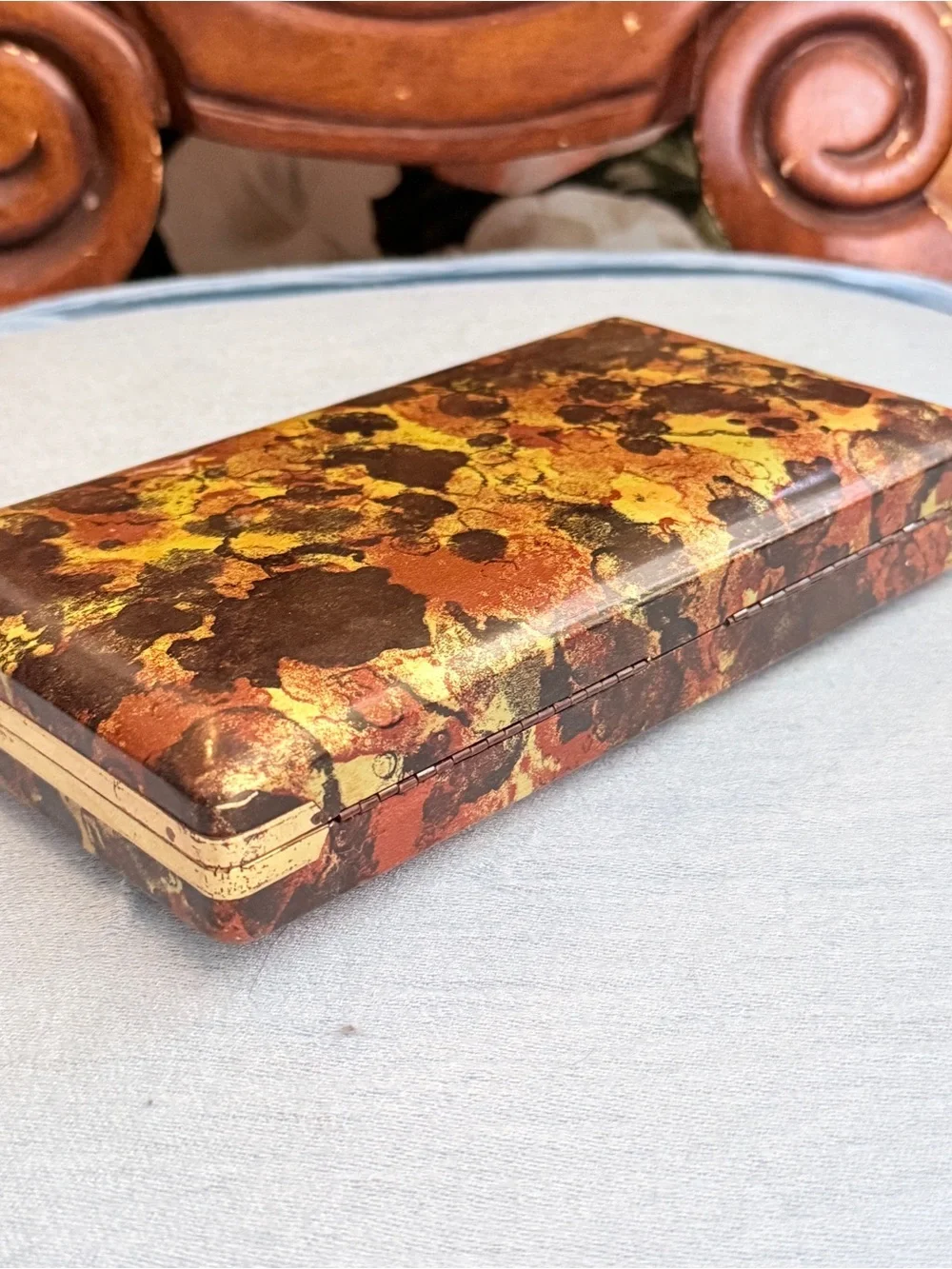 Vtg 70s MCM Mele Tortoise Look Clamshell Jewelry Travel Case